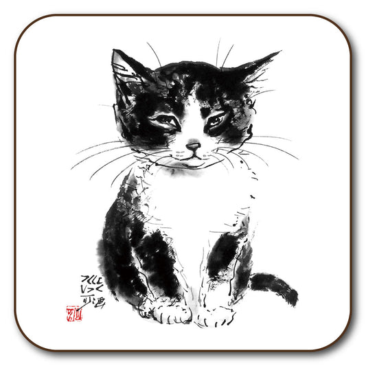 コースター 中浜稔「ちんまりお座り」90×90mm 猫墨絵作家 キッチン用品