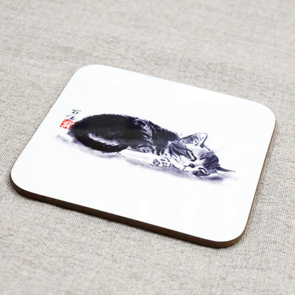 コースター 中浜稔「寝すがた肉球」90×90mm 猫墨絵作家 キッチン用品