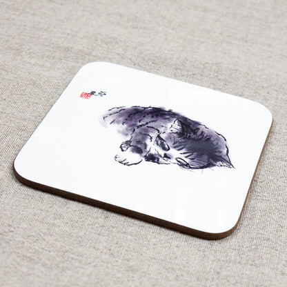 コースター 中浜稔「寝すがた右手」90×90mm 猫墨絵作家 キッチン用品