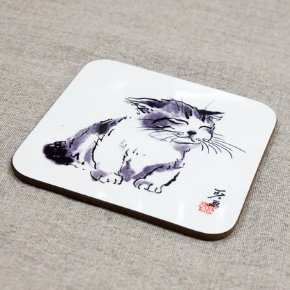 コースター 中浜稔「寝起き」90×90mm 猫墨絵作家 キッチン用品