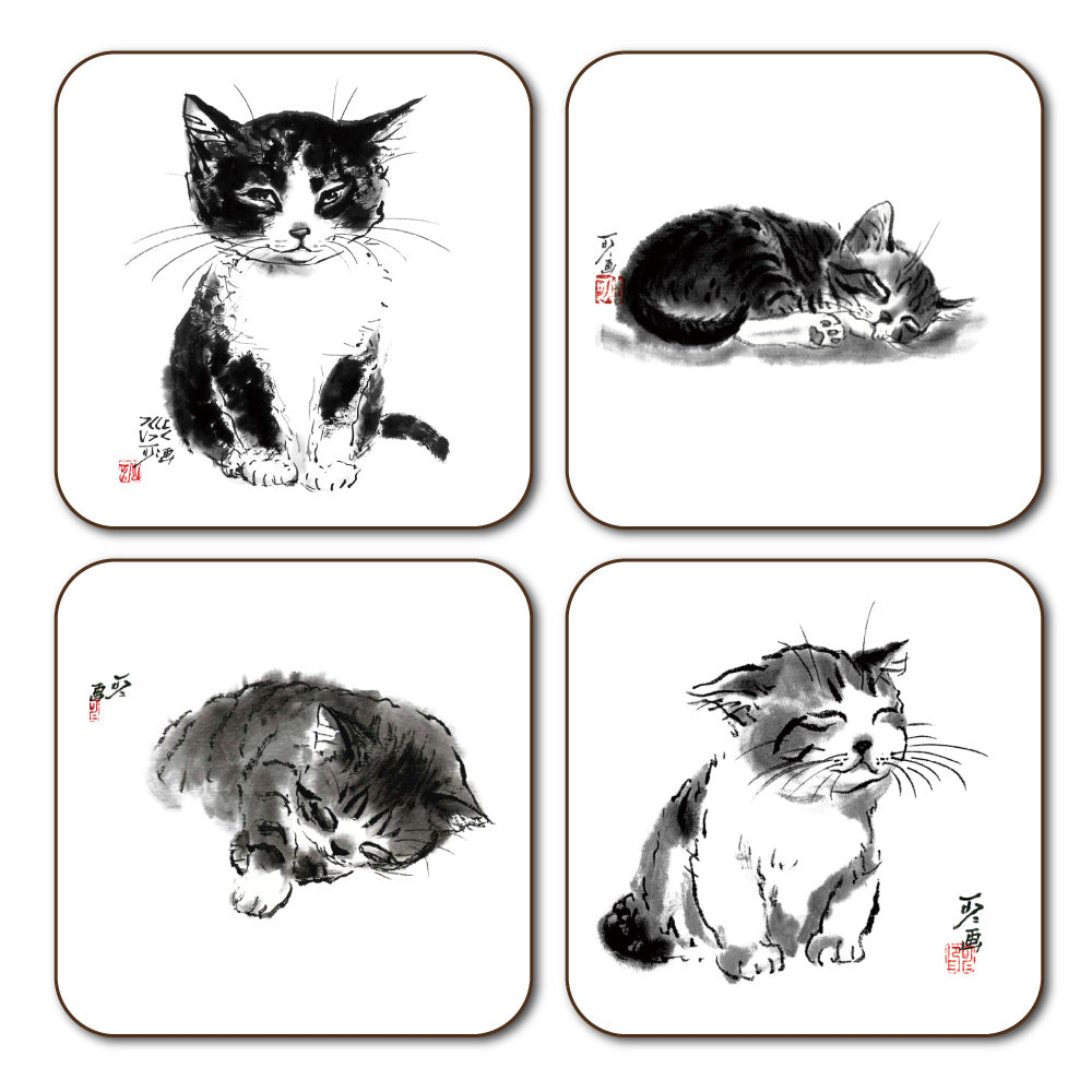 Coaster Set of 4 (2): Minoru Nakahama - Sumi-e Cat Artist
