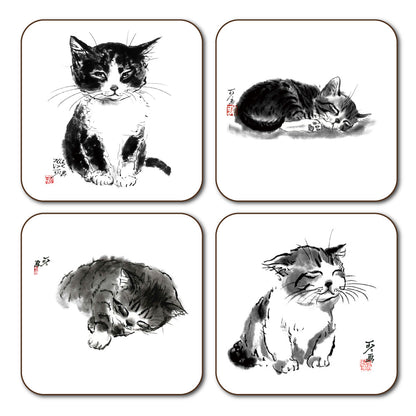 Coaster Set of 4 (2): Minoru Nakahama - Sumi-e Cat Artist