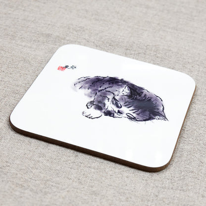 Coaster Set of 4 (2): Minoru Nakahama - Sumi-e Cat Artist