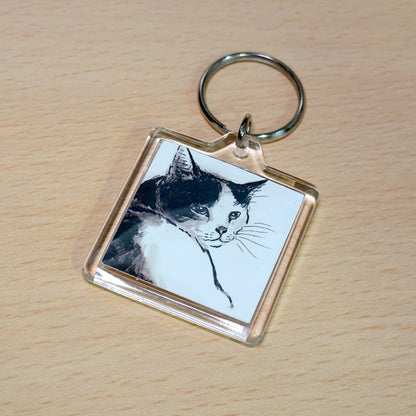 Acrylic Keychain Minoru Nakahama "With you, I can be gentle" 4x4cm Keyring Sumi-e Cat Artist