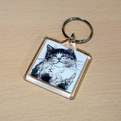 Acrylic Key Chain Minoru Nakahama "No Worries" 4x4cm Key Ring Ink Painting Cat Artist
