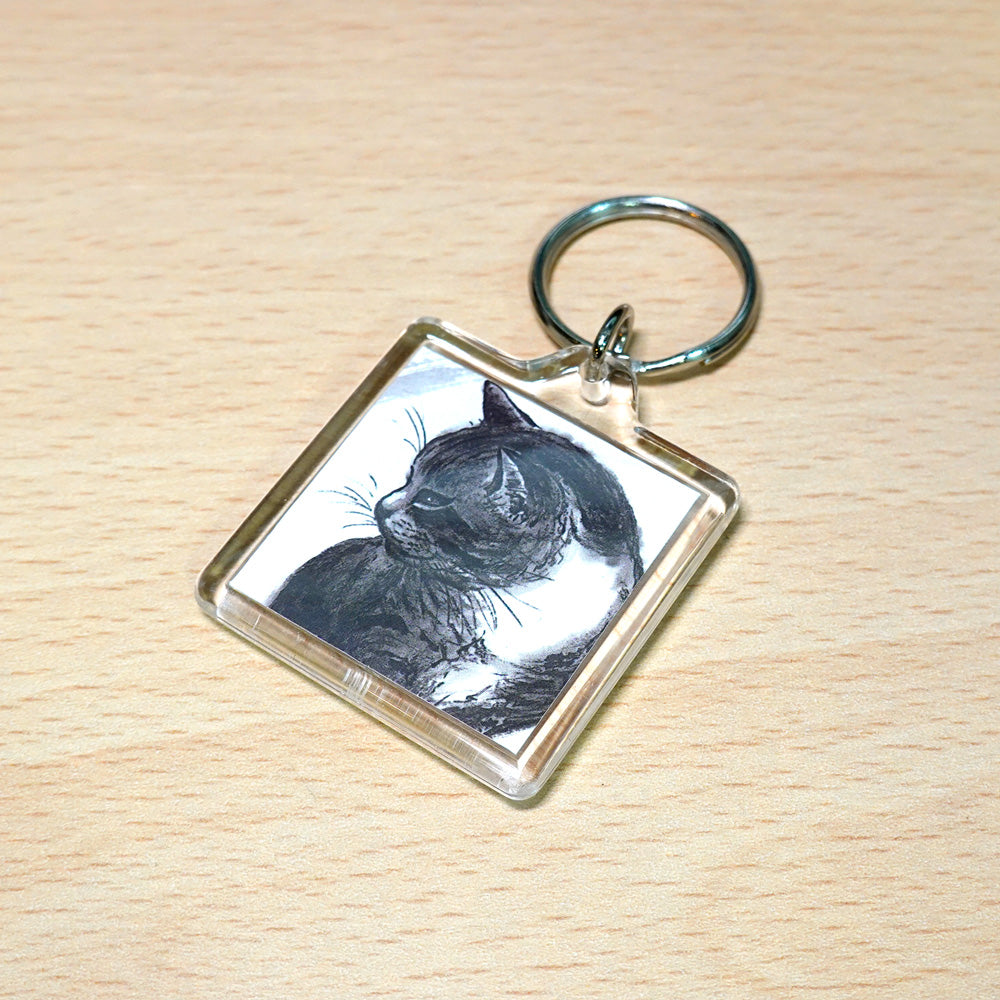 Acrylic Keychain: Minoru Nakahama "What Are You Living For?" 4x4cm keyring, Sumi-e Cat Artist
