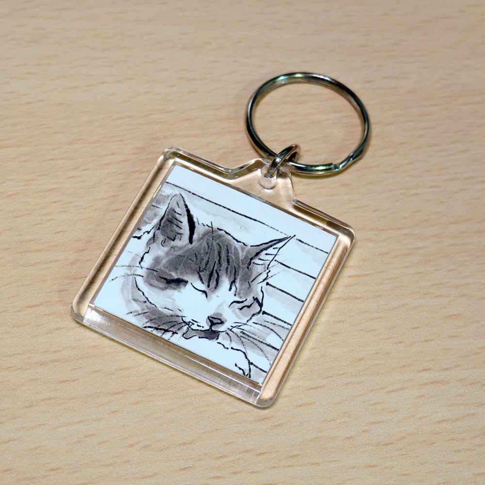 Acrylic Keychain Minoru Nakahama "No Worries" 4x4cm Keyring Ink Painting Cat Artist