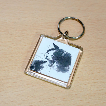 Acrylic Key Ring - Minoru Nakahama "Laughter" - 4x4cm - Sumi-e Cat Artist