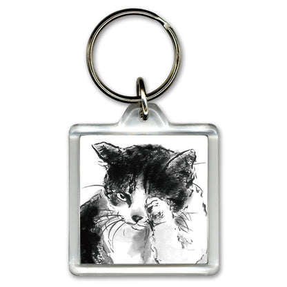Acrylic Keychain Minoru Nakahama "Washing Face" 4x4cm Keyring Sumi-e Cat Artist