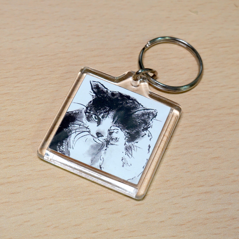 Acrylic Keychain Minoru Nakahama "Washing Face" 4x4cm Keyring Sumi-e Cat Artist