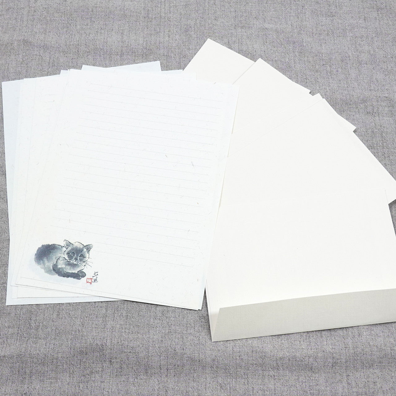A5レターセット 中浜稔「伏せ猫」猫墨絵作家 アイボリー 手紙 便箋 封筒 和風