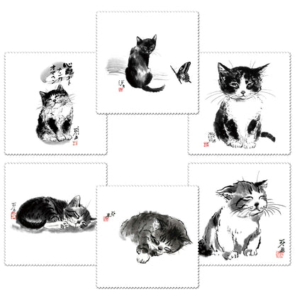 Set of 6 Cleaning Cloths (2), Minoru Nakahama Glasses and Lens Cleaner, Sumi-e Cat Artist