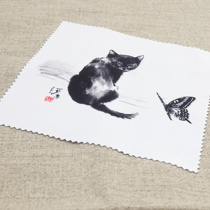 Set of 6 Cleaning Cloths (2), Minoru Nakahama Glasses and Lens Cleaner, Sumi-e Cat Artist