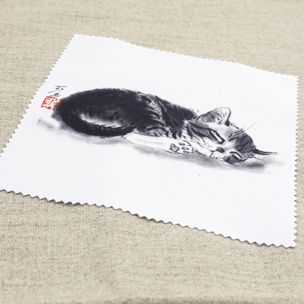 Set of 6 Cleaning Cloths (2), Minoru Nakahama Glasses and Lens Cleaner, Sumi-e Cat Artist