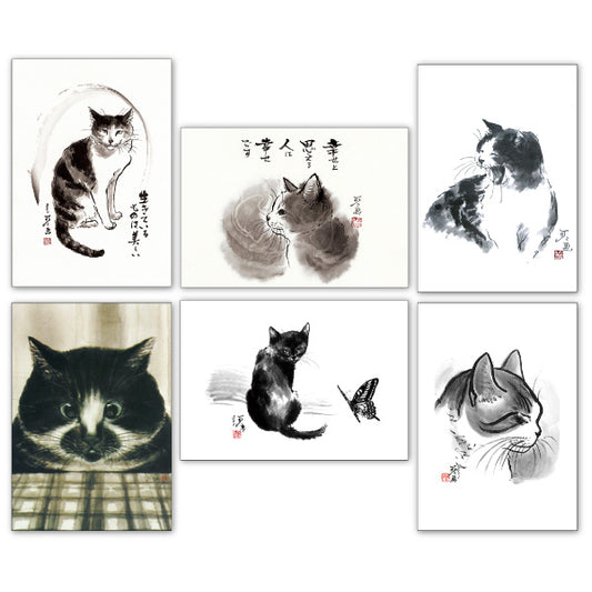 ポストカード6枚セット6 中浜稔 105×150mm 猫墨絵作家 アート 動物 淡路市立中浜稔猫美術館