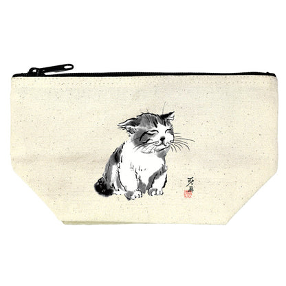 マチありポーチ 中浜稔「寝起き」帆布 コスメケース 小物入れ 猫墨絵作家