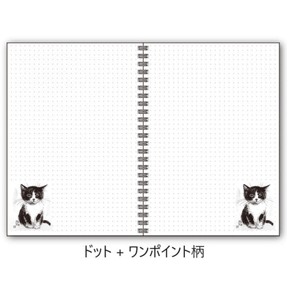 A5リングノート 中浜稔「ちんまりお座り」ドット 猫墨絵作家 メモ帳 上質紙 文房具