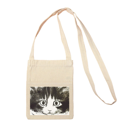 ミニサコッシュ 中浜稔「目玉」 小さい ショルダーバッグ 帆布 猫墨絵作家