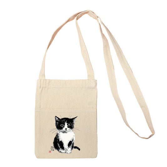 ミニサコッシュ 中浜稔「ちんまりお座り」 小さい ショルダーバッグ 帆布 猫墨絵作家