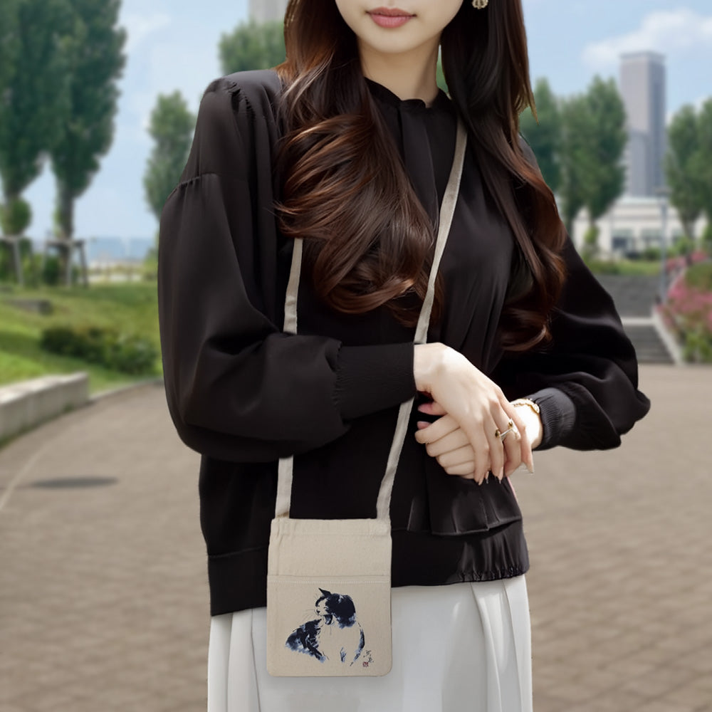 Mini Sacoche - Minoru Nakahama "Sitting Snugly" - Small Shoulder Bag - Canvas - Cat Sumi-e Artist