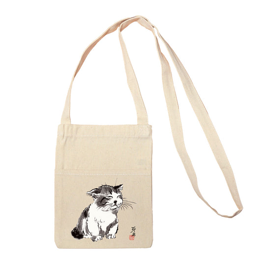 ミニサコッシュ 中浜稔「寝起き」 小さい ショルダーバッグ 帆布 猫墨絵作家