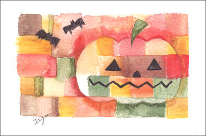 Postcard marron125 Halloween "Orange Pumpkin" 100 x 150 mm Jack-o'-Lantern Message Card Watercolor