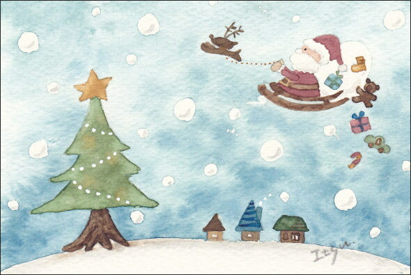Postcard marron125 Christmas "Santa Claus is Busy" 100 x 150 mm Santa Reindeer Tree Present Stylish Watercolor Picture Postcard