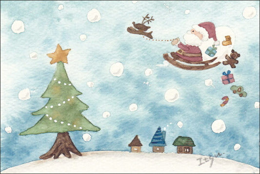 Postcard marron125 Christmas "Santa Claus is Busy" 100 x 150 mm Santa Reindeer Tree Present Stylish Watercolor Picture Postcard