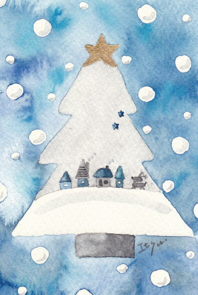 Postcard marron125 Christmas "Christmas at Night" 100 x 150 mm Tree Snow Scene Cityscape Stylish Watercolor Picture Postcard
