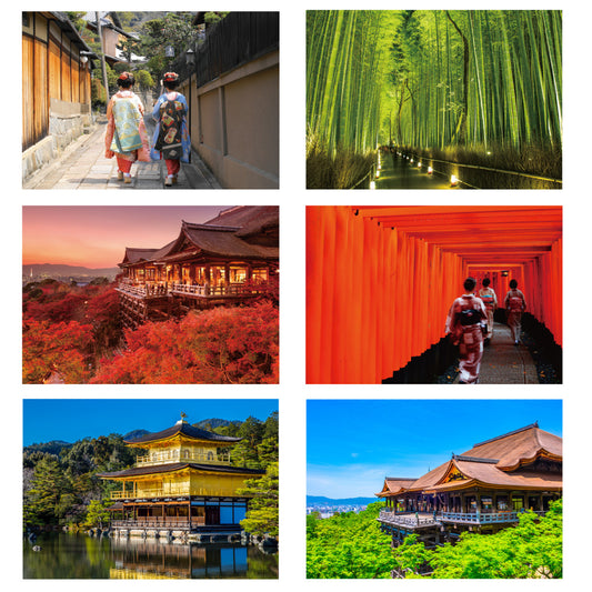 Set of 6 postcards: Japanese landscapes, Kyoto, Gion, Kinkakuji, Kiyomizudera, Sagano, 105 x 150 mm, color photos, sightseeing spots, famous places, postcards, original