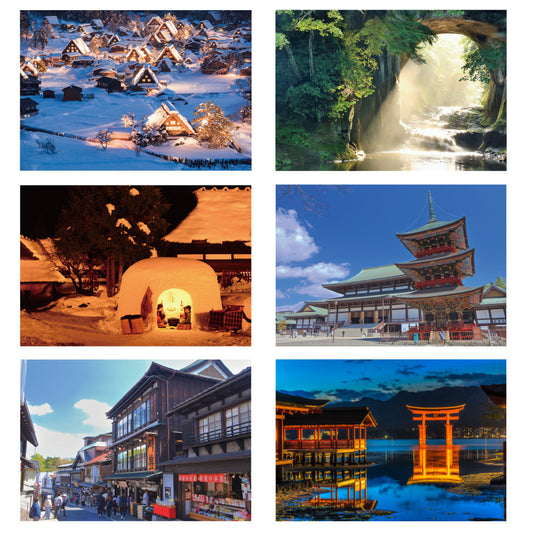 Set of 6 postcards: Japanese landscapes, Gifu, Chiba, Akita, Miyajima, Torii gates, 105 x 150 mm, color photos, tourist destinations, famous places, postcards, original