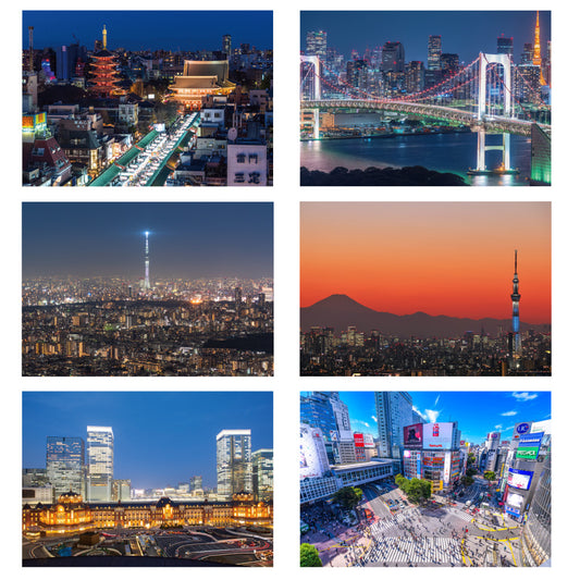 Set of 6 postcards: Japanese scenery, Tokyo, Asakusa, Shibuya, Skytree, Scramble Crossing, 105 x 150 mm, color photos, tourist spots, famous places, postcards, original