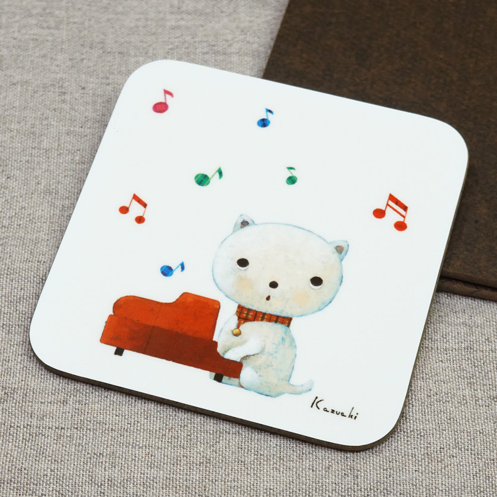 コースター 山田和明「ねこピアノ」90×90mm 絵本作家 動物 楽器 キッチン用品
