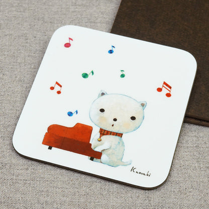 コースター 山田和明「ねこピアノ」90×90mm 絵本作家 動物 楽器 キッチン用品
