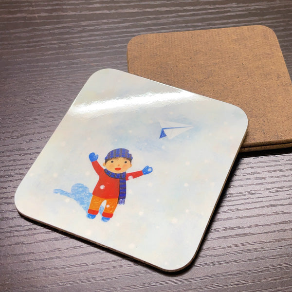 コースター 山田和明「ゆきふるひにぼくは_紙ひこうき」90×90mm イラスト 絵本作家 動物 楽器 キッチン用品