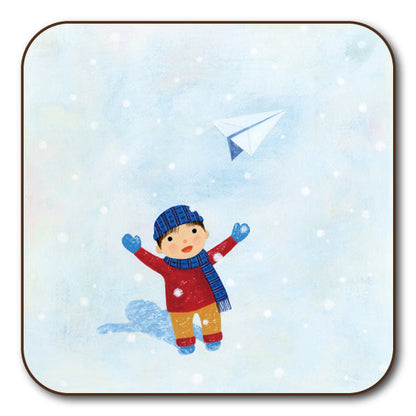コースター 山田和明「ゆきふるひにぼくは_紙ひこうき」90×90mm イラスト 絵本作家 動物 楽器 キッチン用品