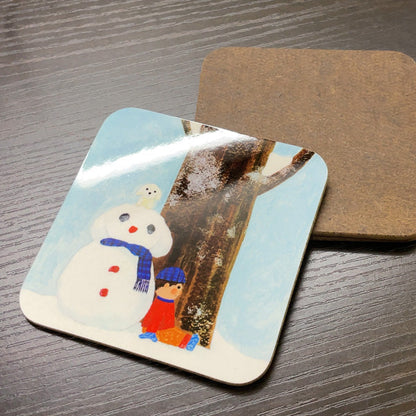 コースター 山田和明「ゆきふるひにぼくは_雪だるま」90×90mm イラスト 絵本作家 動物 楽器 キッチン用品