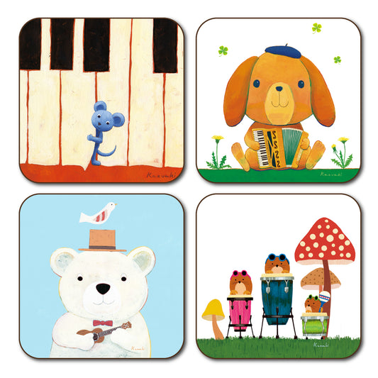 Coaster set of 4 2 Kazuaki Yamada 90 x 90 mm Picture book author Animal Musical instrument pattern Kitchen supplies