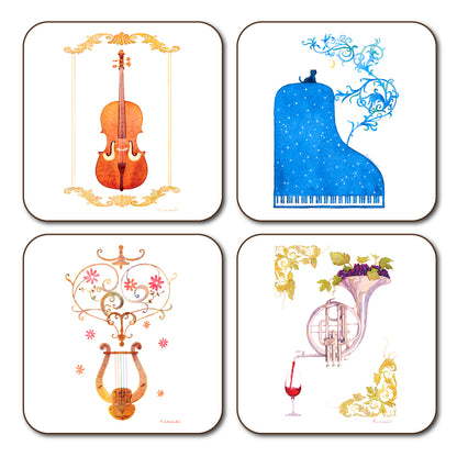Coaster set of 4 3 Kazuaki Yamada 90 x 90 mm Picture book author Musical instrument pattern Kitchen supplies
