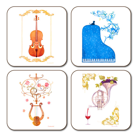 Coaster set of 4 3 Kazuaki Yamada 90 x 90 mm Picture book author Musical instrument pattern Kitchen supplies