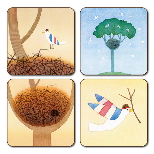 Coaster set of 4, Kazuaki Yamada, Monopo's Nest, 90 x 90 mm, Picture book author, Bird, Musical instrument pattern, Kitchen supplies