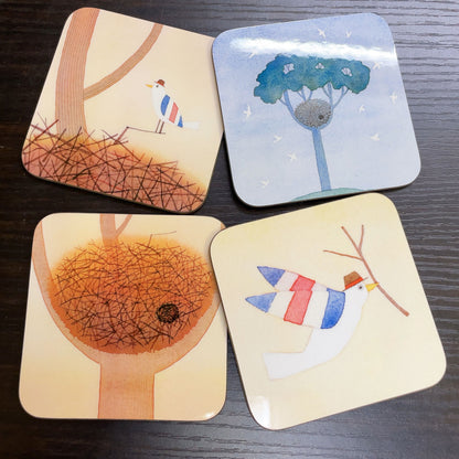 Coaster set of 4, Kazuaki Yamada, Monopo's Nest, 90 x 90 mm, Picture book author, Bird, Musical instrument pattern, Kitchen supplies