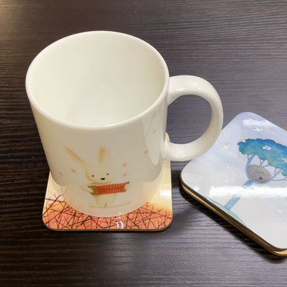 Coaster set of 4, Kazuaki Yamada, Monopo's Nest, 90 x 90 mm, Picture book author, Bird, Musical instrument pattern, Kitchen supplies