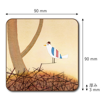 Coaster set of 4, Kazuaki Yamada, Monopo's Nest, 90 x 90 mm, Picture book author, Bird, Musical instrument pattern, Kitchen supplies