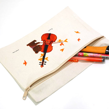 Flat pouch by Kazuaki Yamada "Bear Violin" canvas, picture book author, illustration, gift, animal, musical instrument