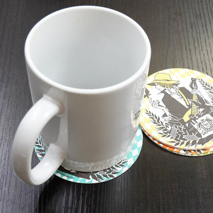 Set of 5 paper coasters by Wakamatsu Kaori, "Man and Woman", diameter 9cm, illustration, Japanese style, paper, kitchen supplies