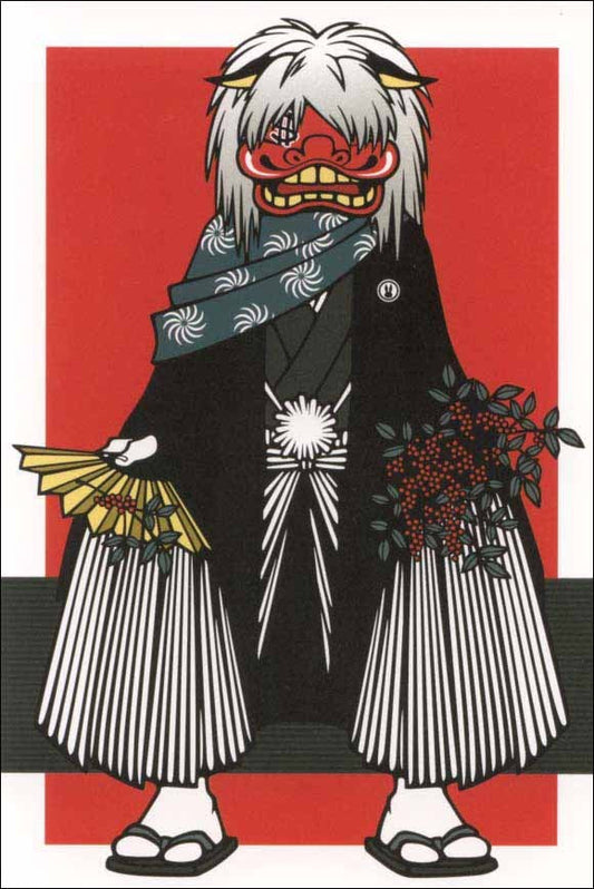 Postcard Wakamatsu Kaori "Man wearing a lion dance mask" 100 x 148 mm Illustrator Postcard