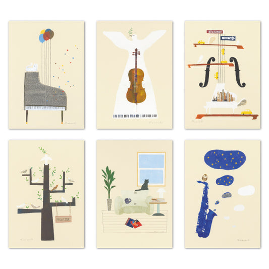 ポストカード6枚セット12 山田和明 105×150mm 絵本作家 動物 楽器柄 イラストレーター 郵便はがき