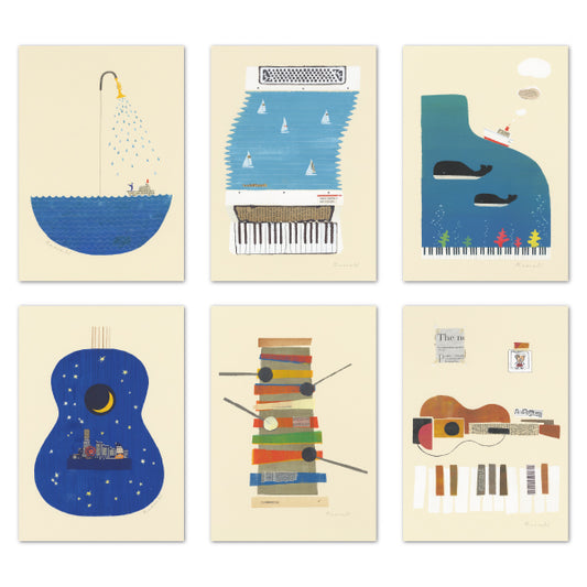 ポストカード6枚セット13 山田和明 105×150mm 絵本作家 動物 楽器柄 イラストレーター 郵便はがき
