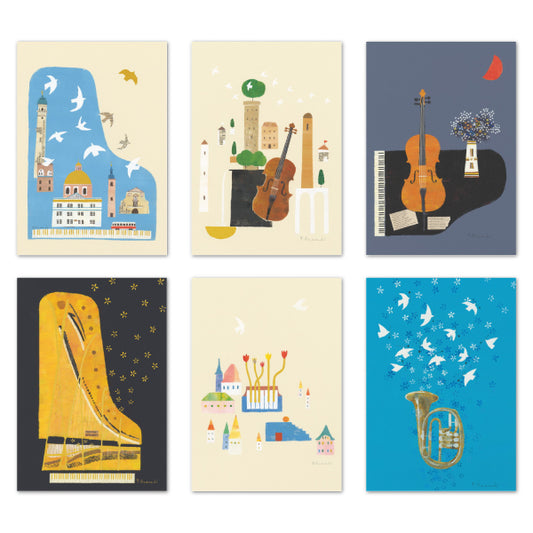 ポストカード6枚セット14 山田和明 105×150mm 絵本作家 動物 楽器柄 イラストレーター 郵便はがき